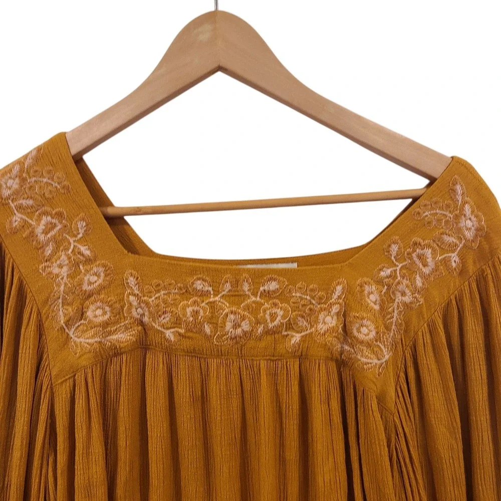 AMERICAN EAGLE Yellow Peasant Top Small Cropped Embroidered Square Neck Boho - Picture 3 of 6